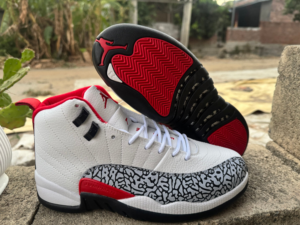 Air Jordan 12 Retro White & Red Elephant Print Sneakers