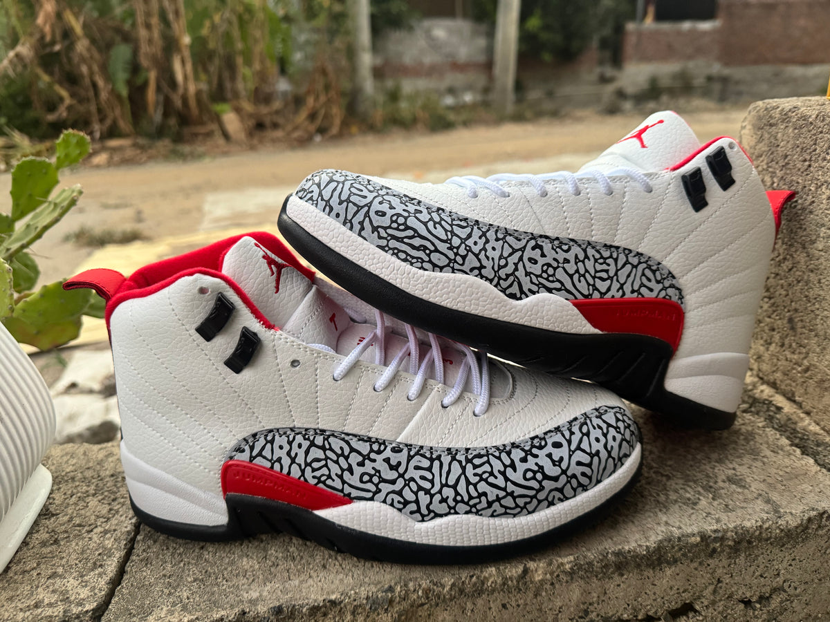 Air Jordan 12 Retro White & Red Elephant Print Sneakers