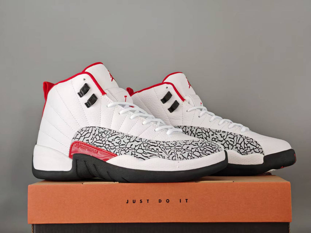 Air Jordan 12 Retro White & Varsity Red Elephant Print Sneakers