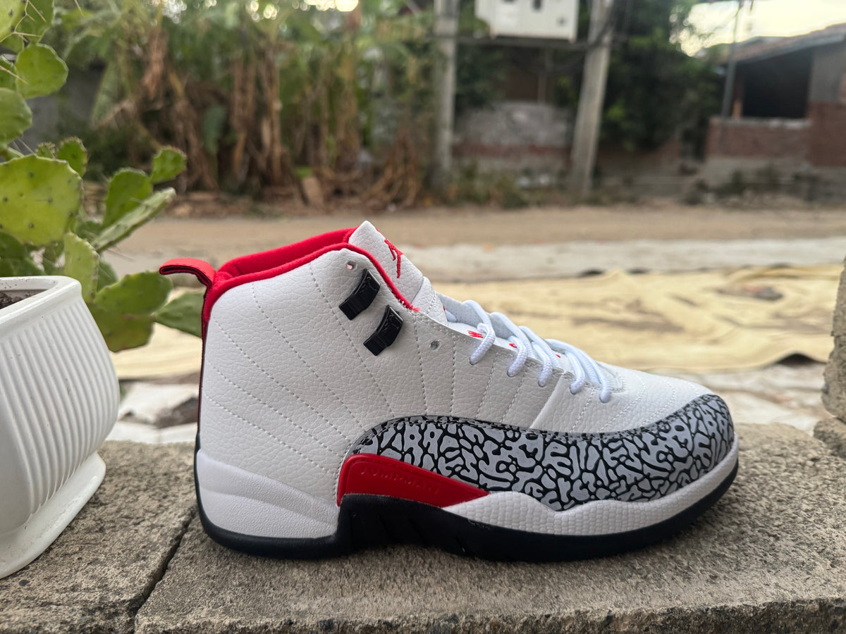 Air Jordan 12 Retro White & Red Elephant Print Sneakers