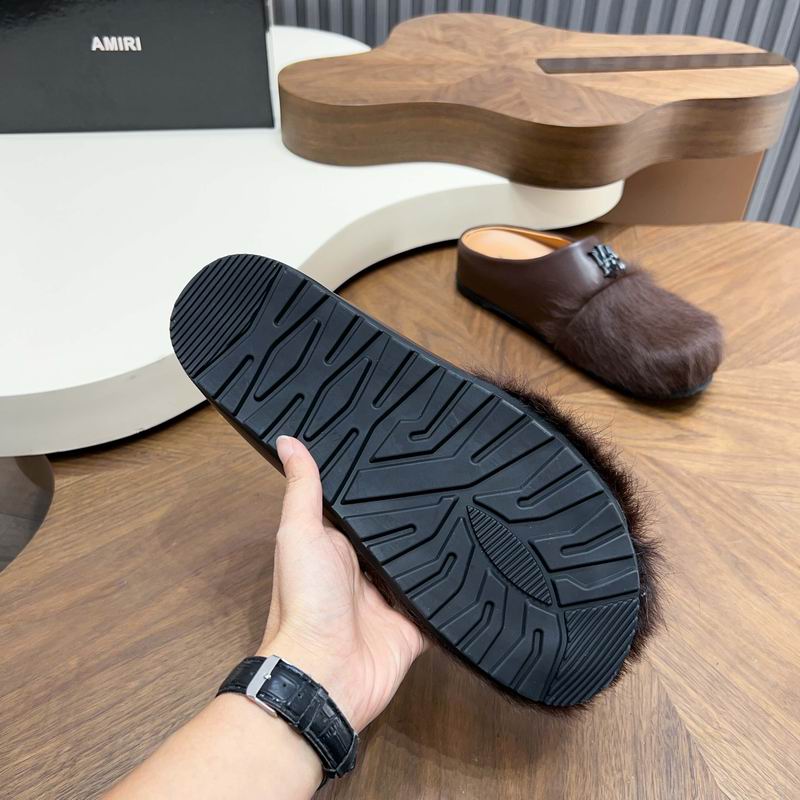 Dark Brown Fuzzy-Toe Slip-On Mules with Black Emblem