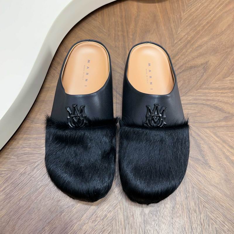 Black Fuzzy-Toe Slip-On Mules with Tonal Emblem