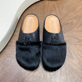 Black Fuzzy-Toe Slip-On Mules with Tonal Emblem