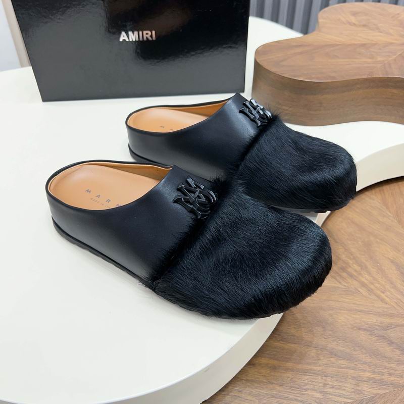 Black Fuzzy-Toe Slip-On Mules with Tonal Emblem
