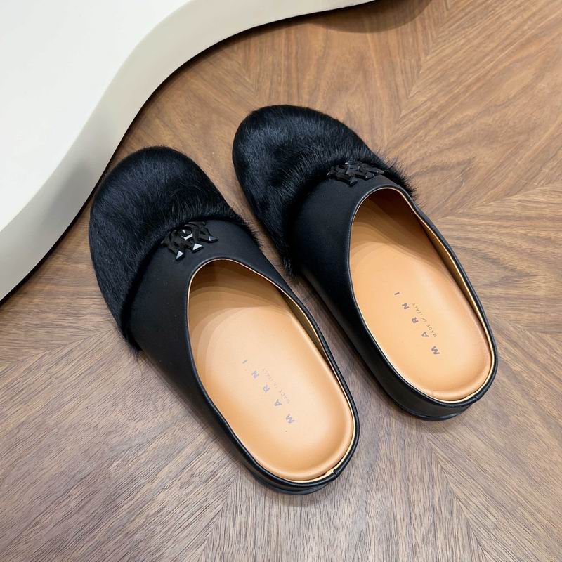 Black Fuzzy-Toe Slip-On Mules with Tonal Emblem