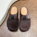 Dark Brown Fuzzy-Toe Slip-On Mules with Black Emblem