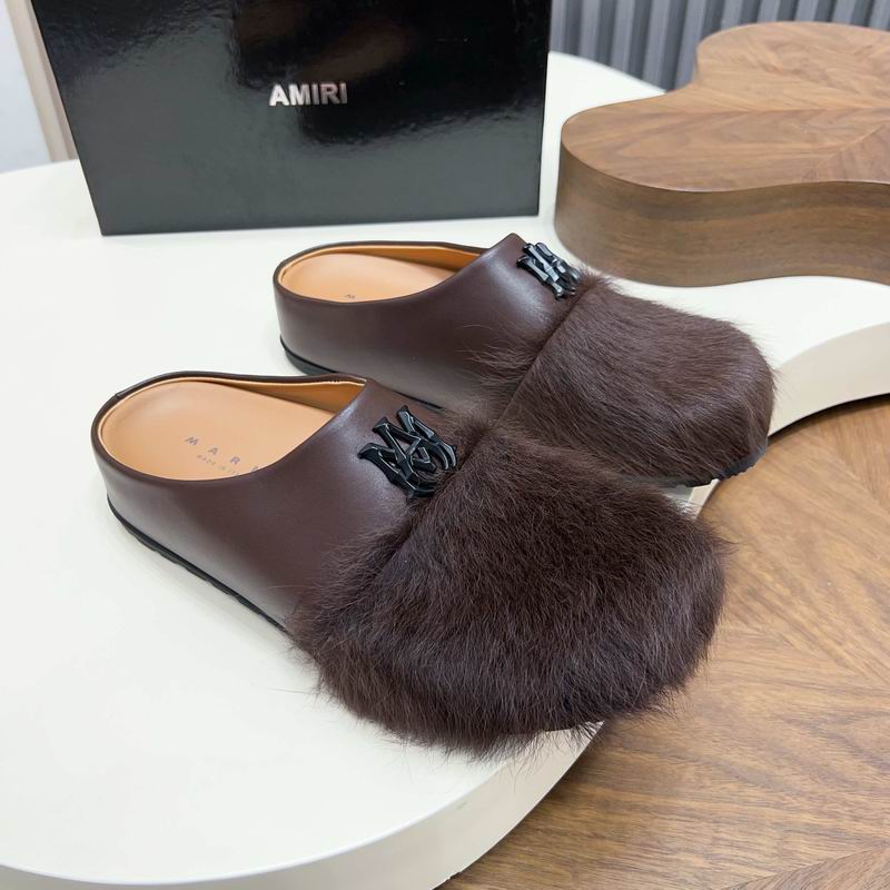 Dark Brown Fuzzy-Toe Slip-On Mules with Black Emblem