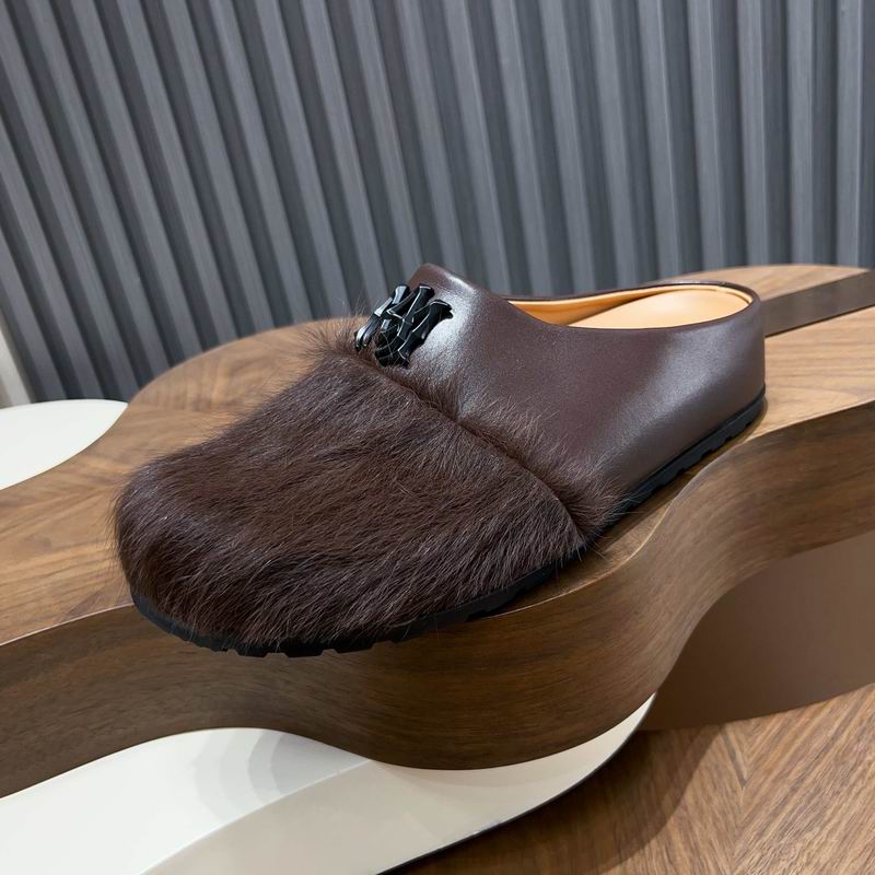 Dark Brown Fuzzy-Toe Slip-On Mules with Black Emblem