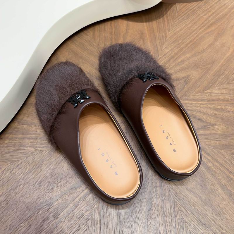 Dark Brown Fuzzy-Toe Slip-On Mules with Black Emblem