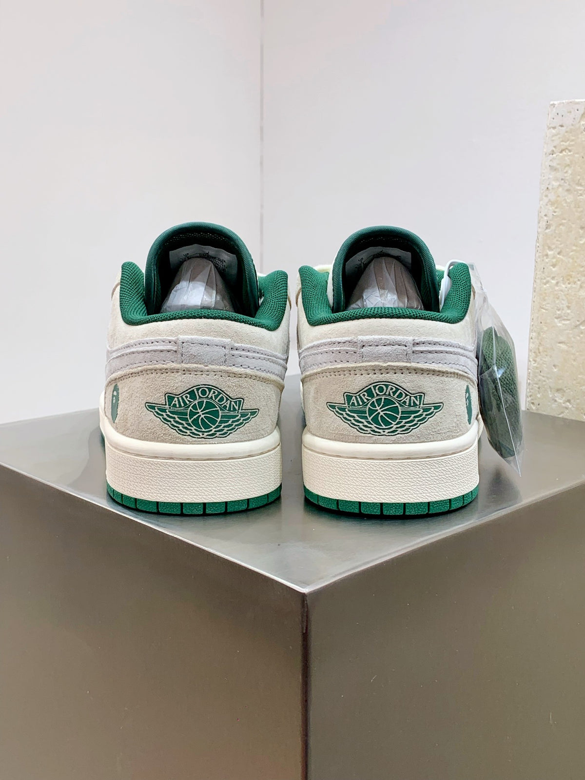BAPE Cream & Grey Low-Top Sneakers with Green Accents