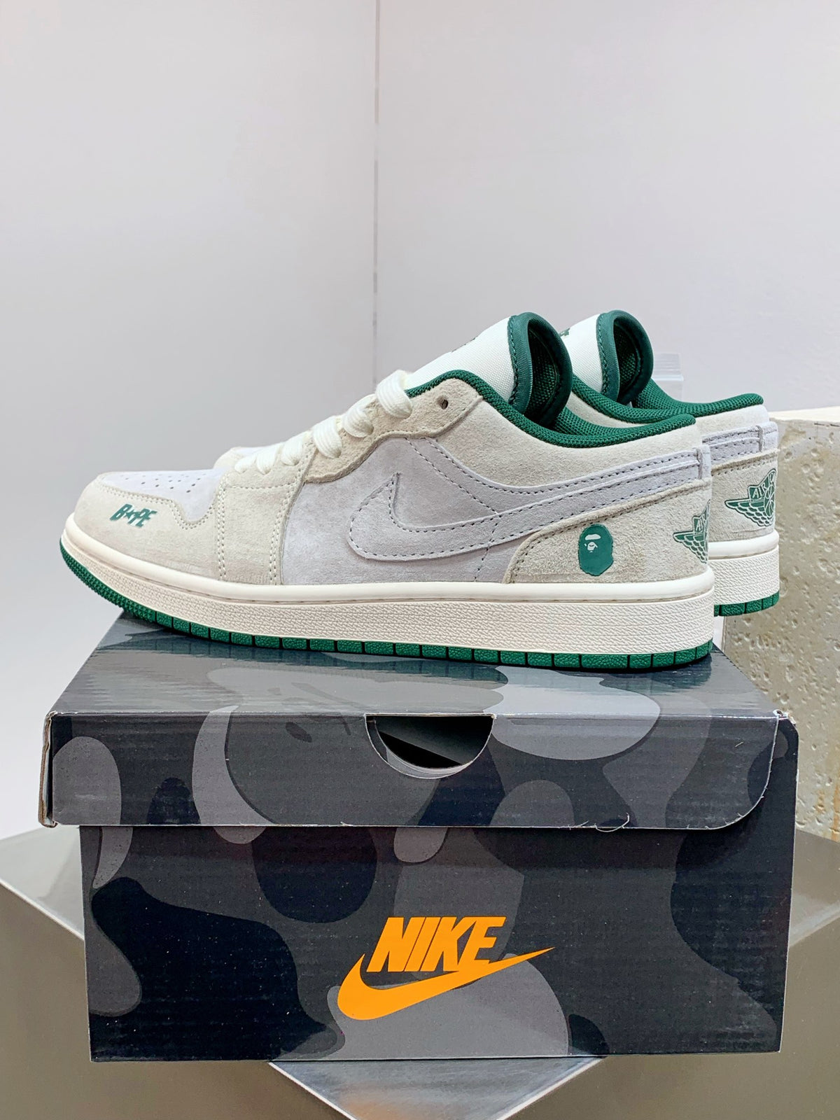 BAPE Cream & Grey Low-Top Sneakers with Green Accents