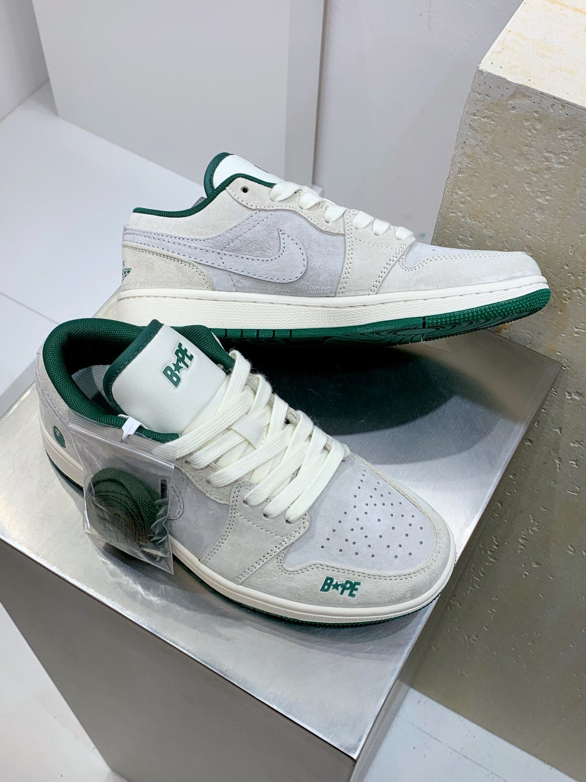 BAPE Cream & Grey Low-Top Sneakers with Green Accents