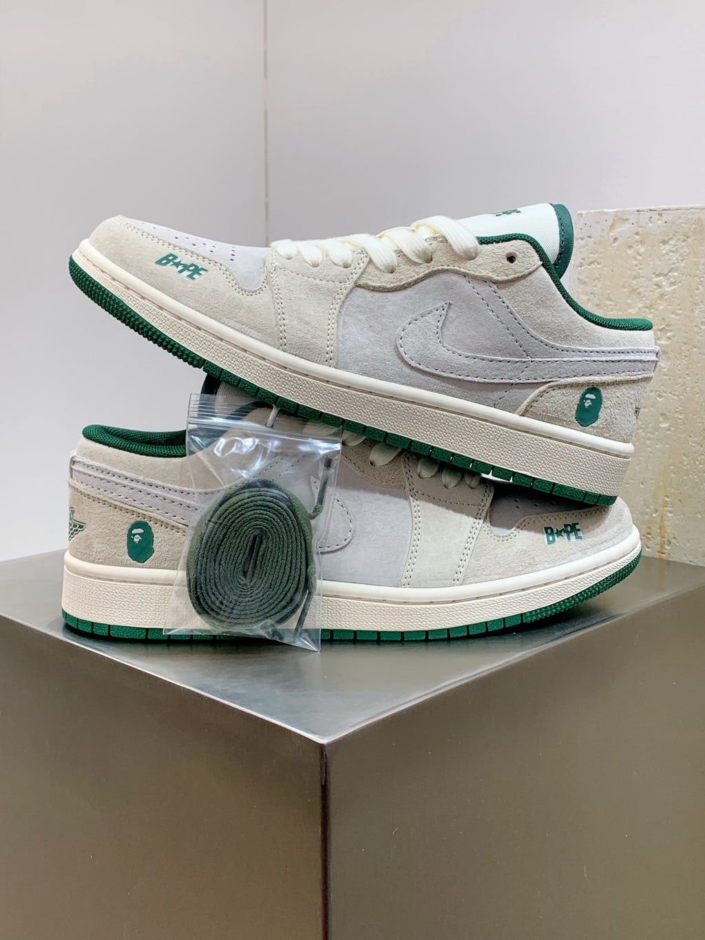 BAPE Cream & Grey Low-Top Sneakers with Green Accents