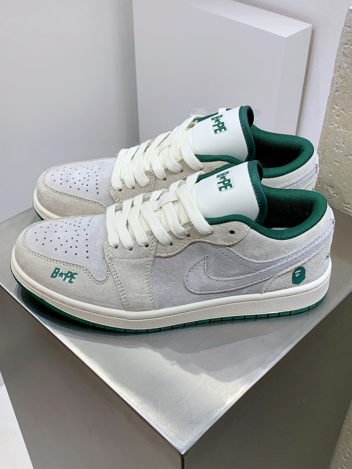 BAPE Cream & Grey Low-Top Sneakers with Green Accents