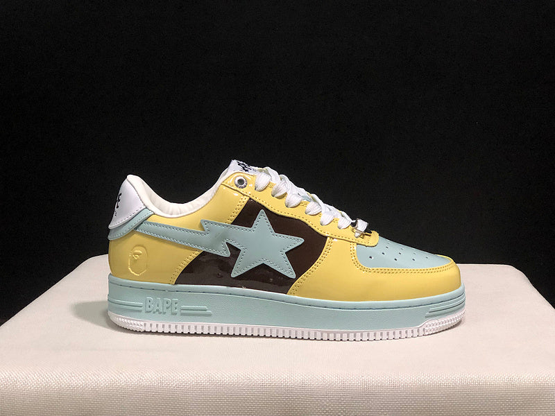 BAPE Pastel Yellow & Mint Low-Top Sneakers with Brown Panels