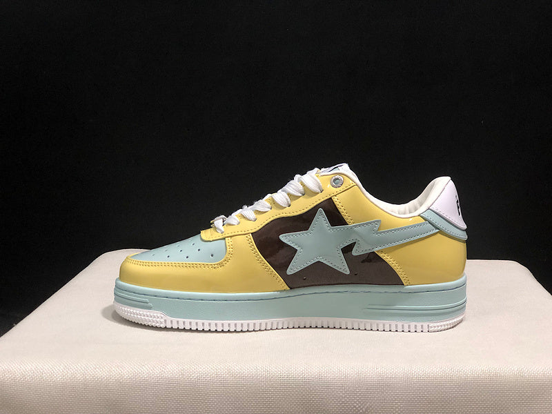 BAPE Pastel Yellow & Mint Low-Top Sneakers with Brown Panels