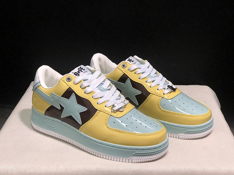 BAPE Pastel Yellow & Mint Low-Top Sneakers with Brown Panels