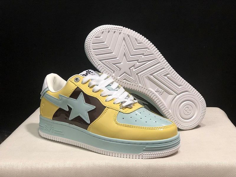 BAPE Pastel Yellow & Mint Low-Top Sneakers with Brown Panels