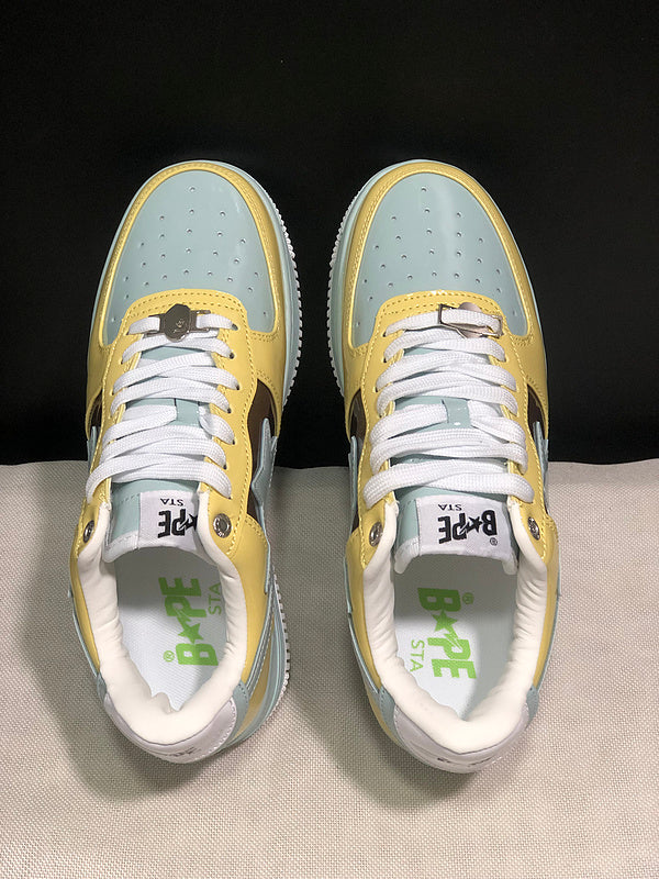 BAPE Pastel Yellow & Mint Low-Top Sneakers with Brown Panels