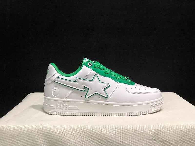 BAPE White & Green Low-Top Sneakers with Outlined Star Detail