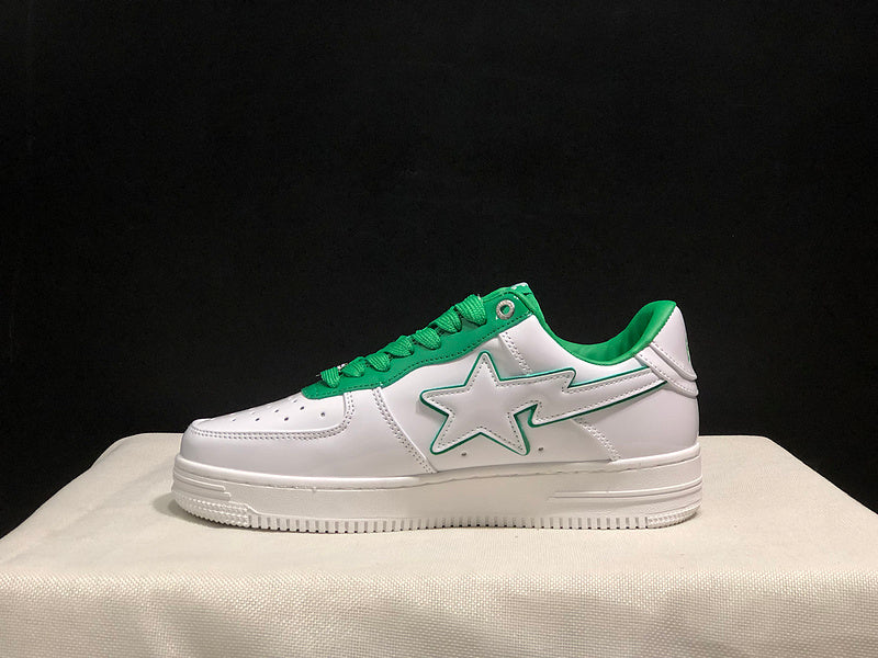 BAPE White & Green Low-Top Sneakers with Outlined Star Detail