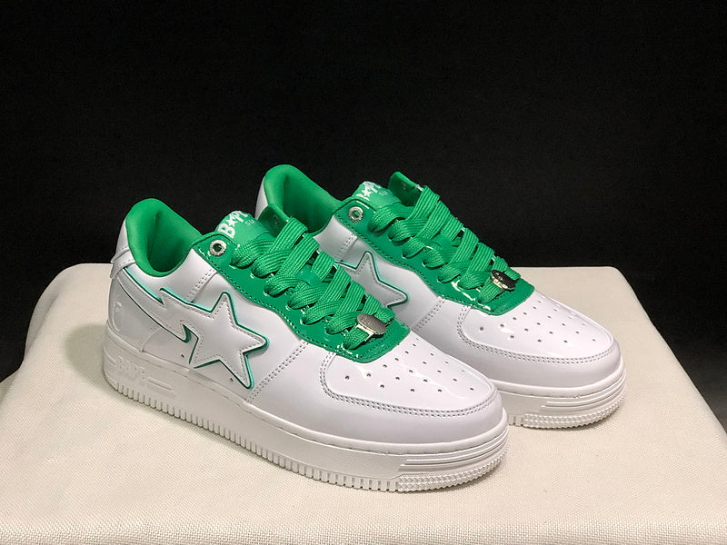 BAPE White & Green Low-Top Sneakers with Outlined Star Detail