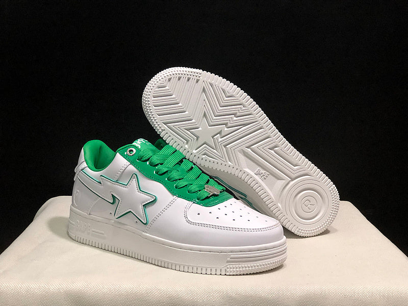 BAPE White & Green Low-Top Sneakers with Outlined Star Detail
