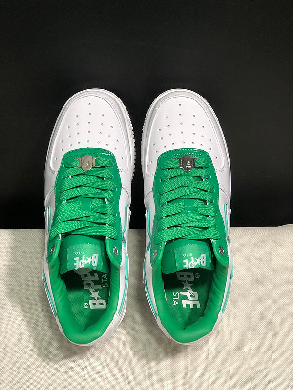 BAPE White & Green Low-Top Sneakers with Outlined Star Detail