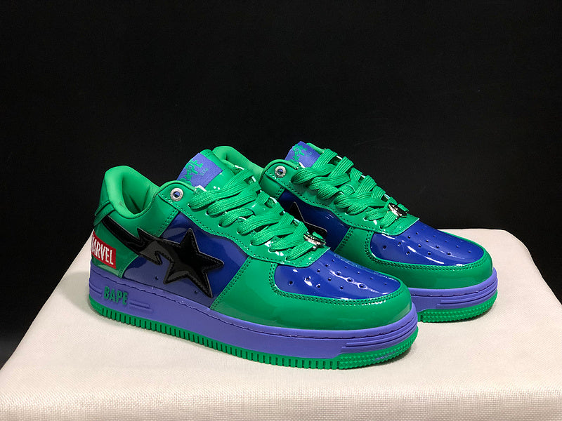 BAPE Green & Purple Low-Top Sneakers with Black Star Detail