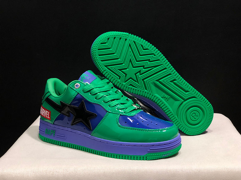 BAPE Green & Purple Low-Top Sneakers with Black Star Detail