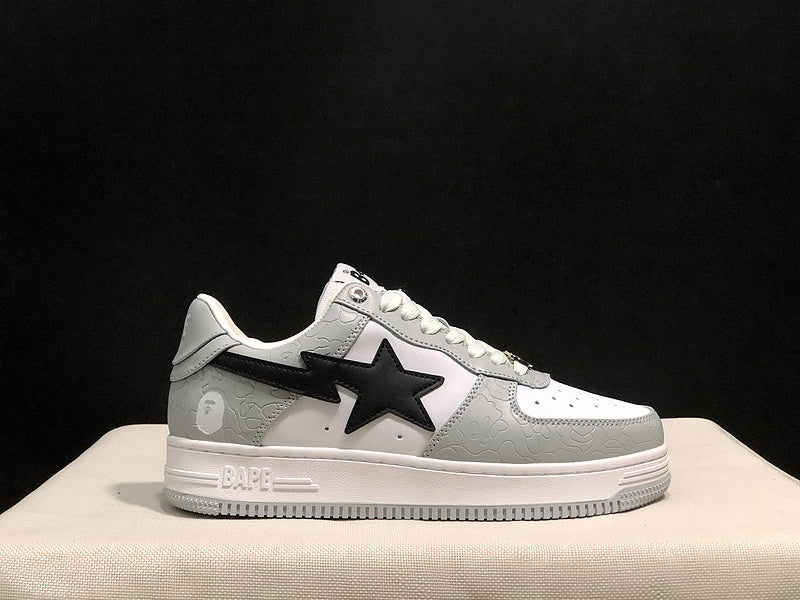 BAPE Grey & White Low-Top Sneakers with Black Star Detail