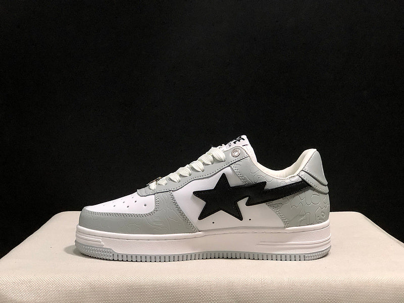 BAPE Grey & White Low-Top Sneakers with Black Star Detail