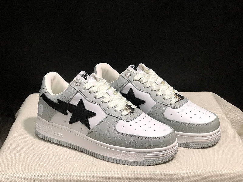 BAPE Grey & White Low-Top Sneakers with Black Star Detail