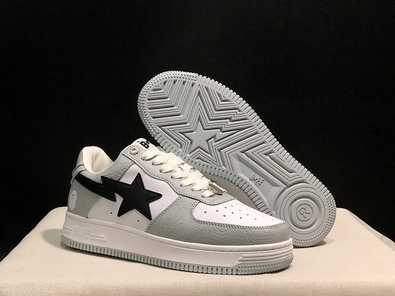 BAPE Grey & White Low-Top Sneakers with Black Star Detail