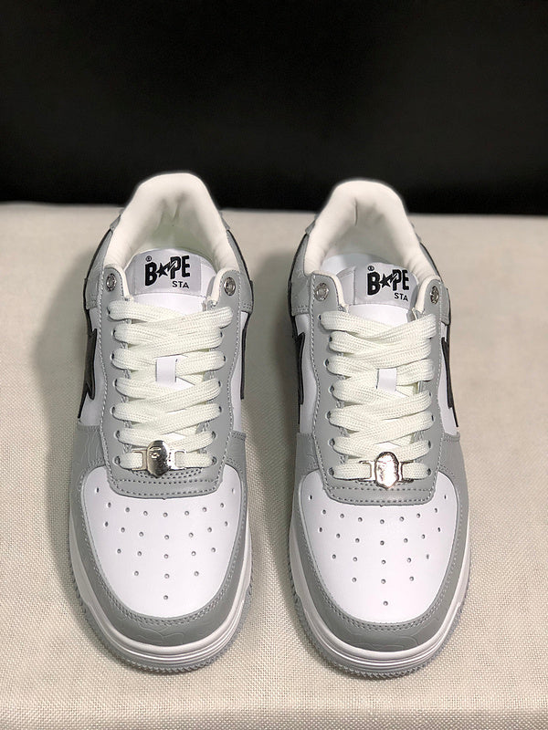 BAPE Grey & White Low-Top Sneakers with Black Star Detail