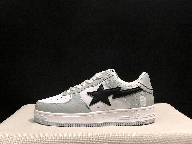 BAPE Grey & White Low-Top Sneakers with Black Star Detail