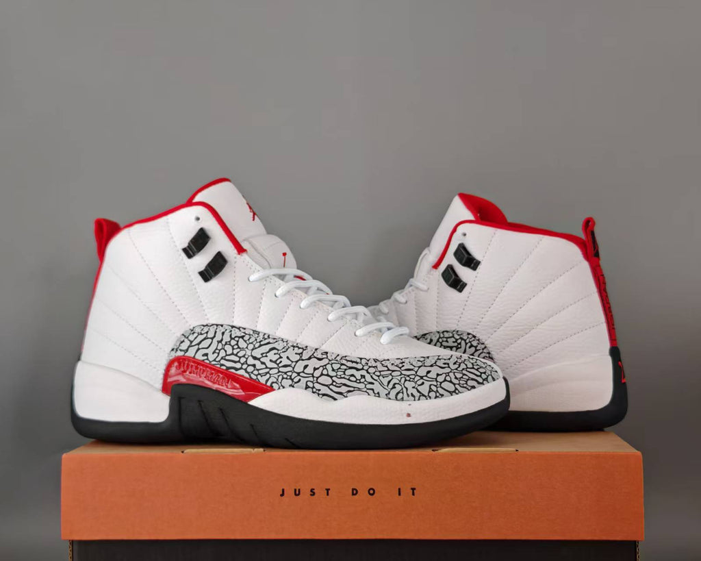 Air Jordan 12 Retro White & Varsity Red Elephant Print Sneakers